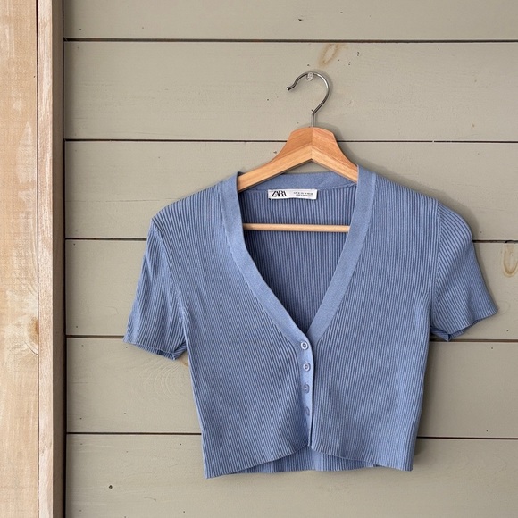 Zara Ribbed Cropped Button-Front Top (Blue, Size M) - Picture 1 of 5